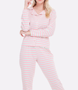 Pijama Feminino Longo Aberto Listrado Bela Notte (1001968) Algodão