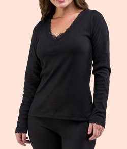 Camiseta Ribana/Canelada Manga Longa com Renda Bela Notte (201009) Preto