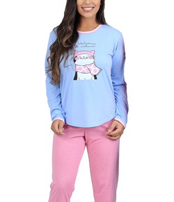 Pijama Feminino Longo Gatinho Cia Do Corpo (4678) Rosa