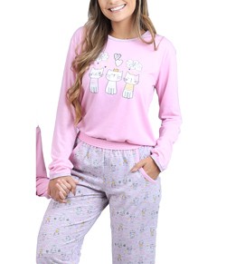 Pijama Feminino Longo Gatinhos Cia Do Corpo (4679)