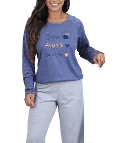 Pijama Feminino Longo Raglan Mescla Cia Do Corpo (4694) Poliviscose