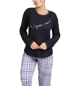 Pijama Feminino Longo Xadrez Cia Do Corpo (4705) Preto