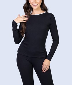 Pijama Feminino Longo Canelado Cia do Corpo (5412) Preto