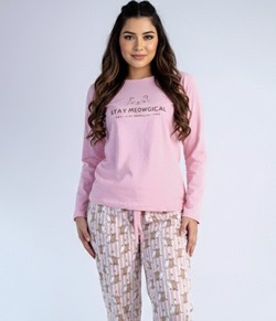 Pijama Feminino Longo Cats Caminho dos Sonhos (1101) 100% Algod�o
