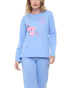 Pijama Longo Floral Doce Luar Moletinho (10870) Azul Celeste
