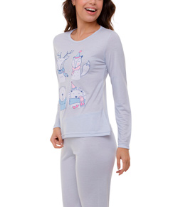 Pijama Feminino Longo Bichinhos Doce Luar (5220) Azul Claro