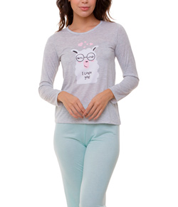 Pijama Feminino Longo Lhama Doce Luar (5220) Mescla/Verde