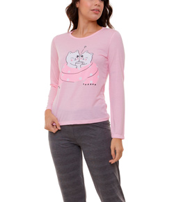 Pijama Feminino Longo Gatinhos Doce Luar (5220) Rosa/Preto Mescla