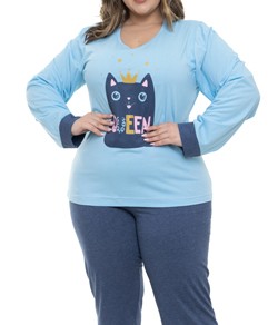 Pijama Feminino Longo Queen Cat Doce Luar (5612N) 100% Algodão - Plus Size