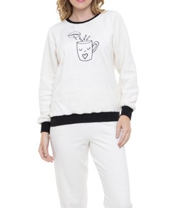 Pijama Feminino Longo Quentinho Fleece Doce Luar Inverno Branco