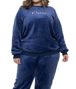 Pijama Feminino Longo Quentinho Fleece Doce Luar Marinho - Plus Size