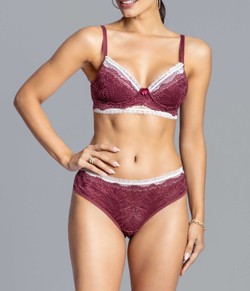Conjunto Lingerie Renda Bicolor Ellan (16976) Vinho/Branco