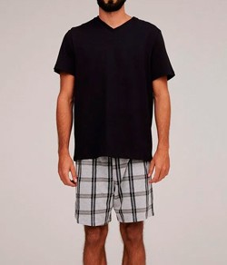 Pijama Masculino Curto Xadrez Hering Algodão - Preto