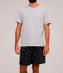 Pijama Masculino Curto Estampado Hering Algodão - Cinza
