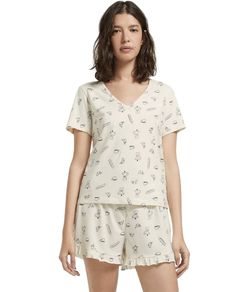 Pijama Feminino Curto Estampado 100% Algod�o Hering - Off White