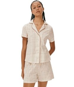 Pijama Feminino Curto Americano Xadrez Hering - Off White