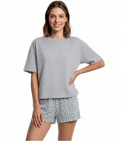 Pijama Feminino Curto Box Estampado Hering 100% Algodão - Cinza