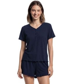 Pijama Feminino Curto Frufru 100% Algod�o Hering - Azul Escuro