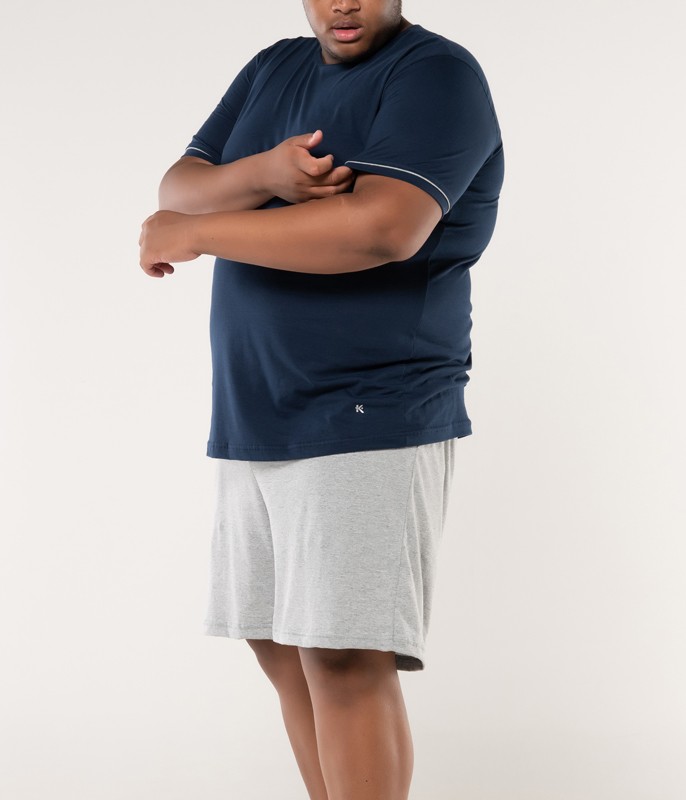 Pijama Curto Masculino 100% Algodão KPR (173003) Plus Size - Marinho/Mescla