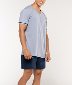 Pijama Masculino Curto KPR (173004/73004) 100% Algodão - Cinza Claro/Marinho