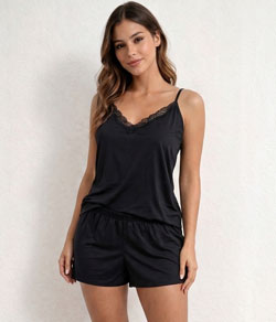Short Doll com Renda Alcinha Lella (600) 100% Poliamida - Preto
