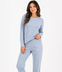 Pijama Feminino Longo Canelado Skin Light Lella (700) Azul Claro