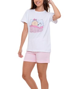 Pijama Feminino Curto Nina e Pipoca Dormindo - 100% Algodão Premium - Lunazul (102A)