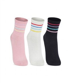 Kit 3 Meias Cano M�dio Listradas Lupo (04570-889) Rosa/Branco/Preto