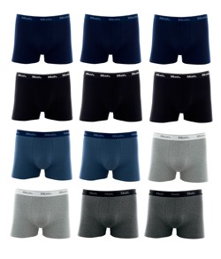Kit 12 Cuecas Boxer Cotton/Algodão Mash - Azul/Cinza/Preto