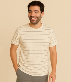 Camiseta Masculina Listrada Malwee (1000120688) 100% Algodão - Bege