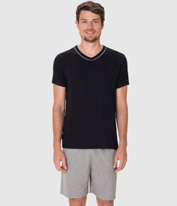 Pijama Curto Masculino Decote V Malwee (1000133216) Preto/Cinza