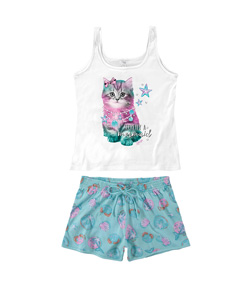 Pijama Feminino Curto Regata Gatinho Malwee (1000073396) 100% Algodão - Branco