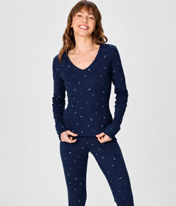 Pijama Longo Feminino Estrelas Ribana Malwee (1000134473) Algodão - Azul Escuro