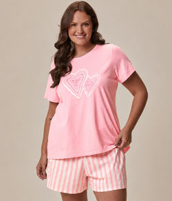 Pijama Curto Feminino Plus Size Coração Malwee (1000134494) 100% Algodão - Rosa