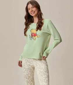 Pijama Feminino Longo Ursinho Pooh Malwee (1000134503) 100% Algodão