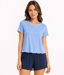 Pijama Feminino Curto Canelado Malwee (100125036) Azul