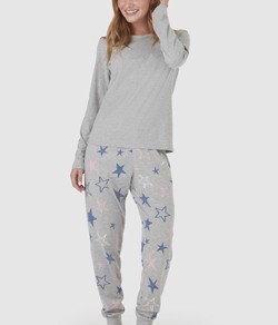 Pijama Feminino Longo Estrela Malwee (1000106518) Algodão Cinza
