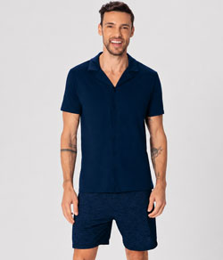 Pijama Curto Masculino Aberto Malwee (1000137011) 100% Algodão - Azul