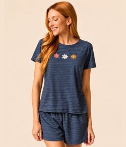 Pijama Feminino Curto Flores Malwee (1000137076) Algodão - Marinho