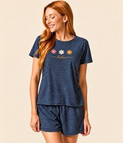 Pijama Feminino Curto Flores Malwee (1000137076) Algodão - Marinho