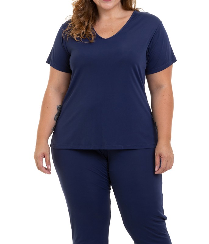 Pijama Feminino Longo Liganete Marinho Sepie (1052-PL) Plus Size ::  lingerie.com.br