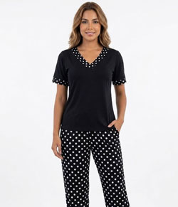 Pijama Feminino Longo Manga Curta Liganete Poá Sepie (1056-B)